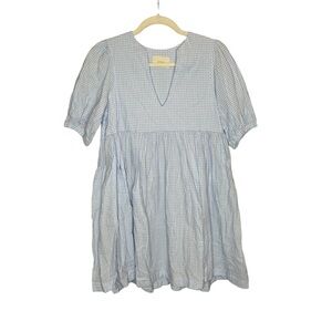 Ruori Cotton Plaid Check V-Neck Mini Dress S Blue/White